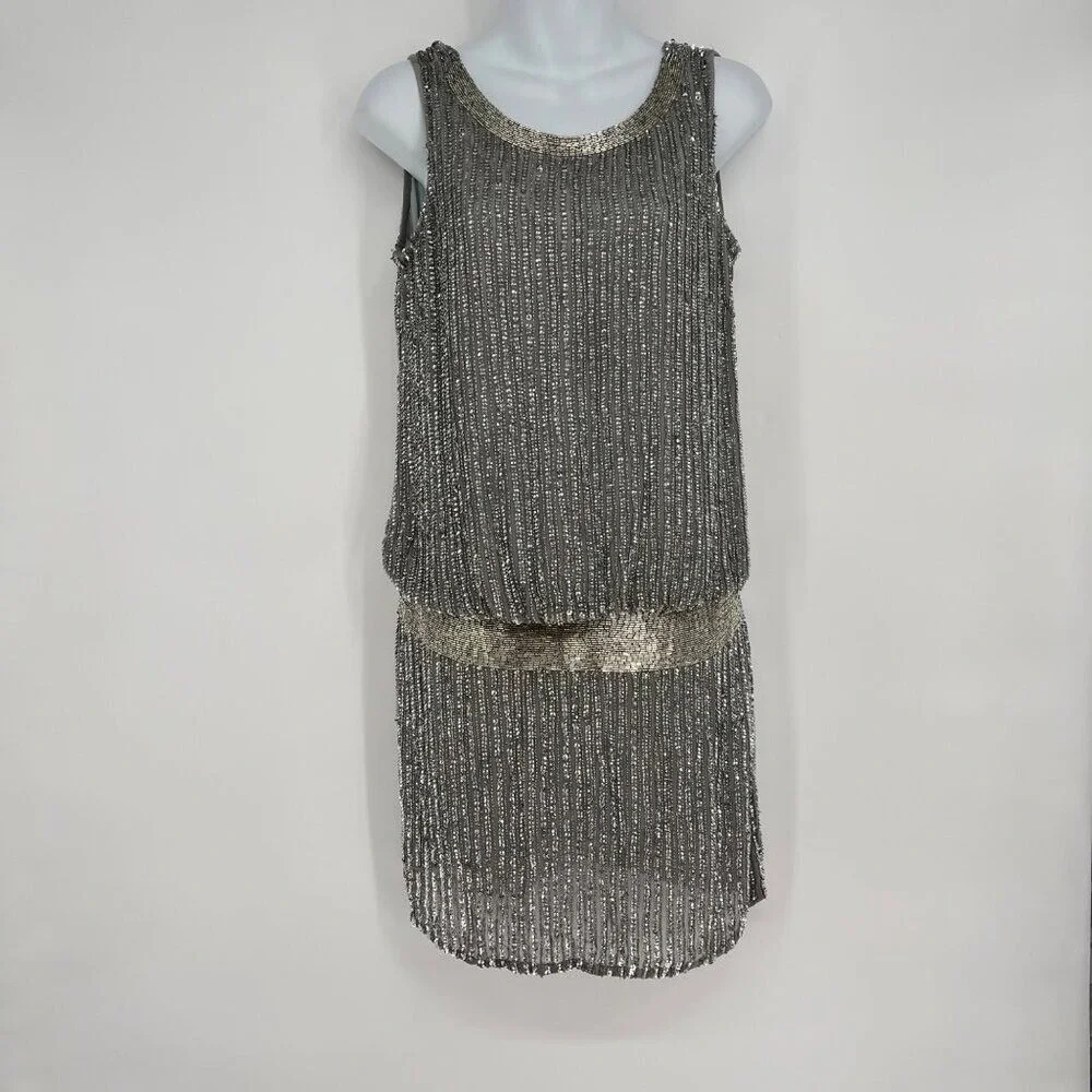 Adrianna‎ Papell Silver Sequin Sleeveless Flapper Party  Dress Size 6